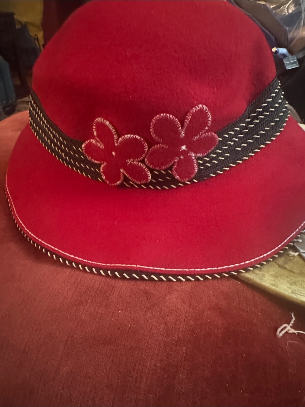 Fish Design Red Felt Bucket Hat with Black Trim and Flower Accents